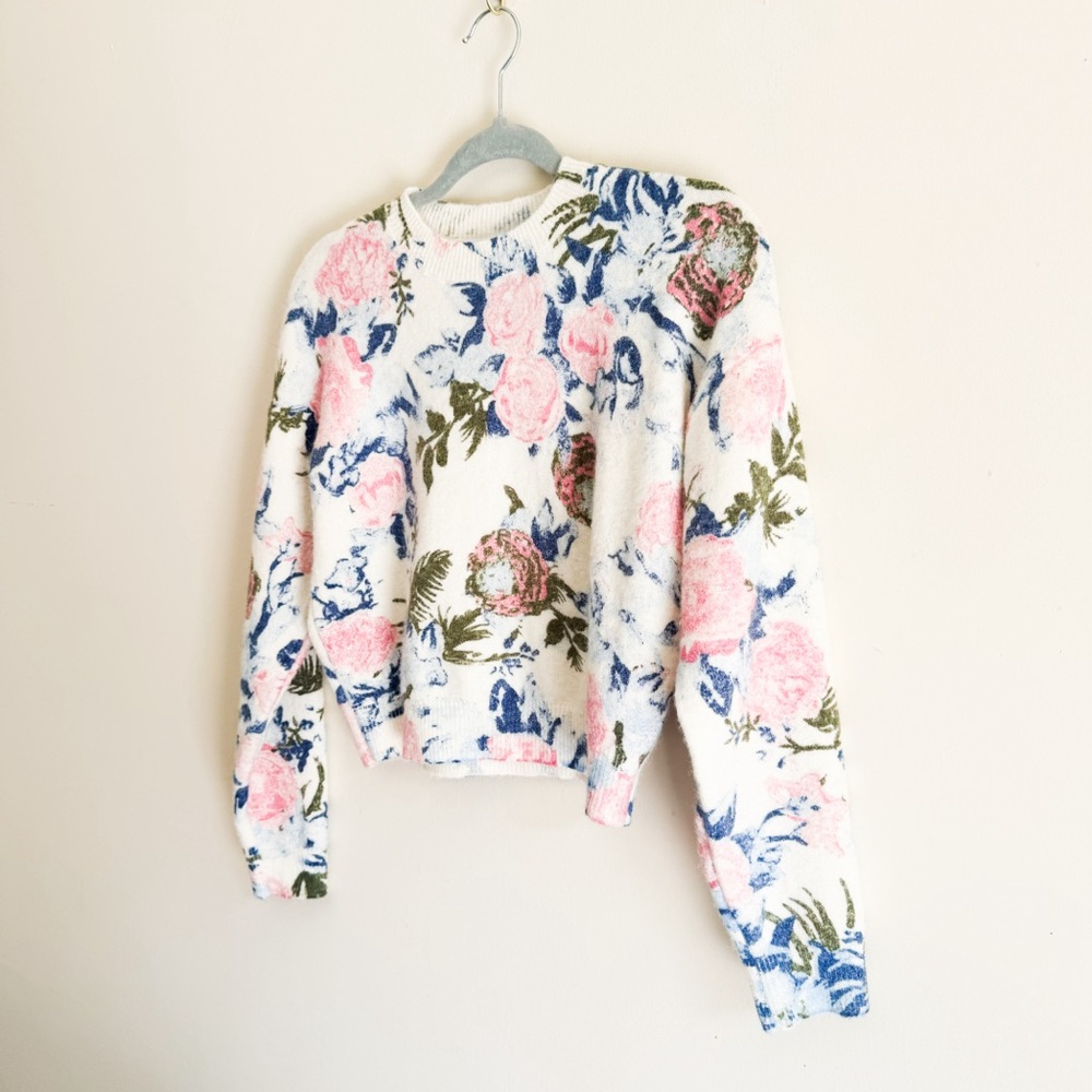 Zara Floral Crewneck Sweater in White, Pink, Blue, Olive - Picture 2 of 8